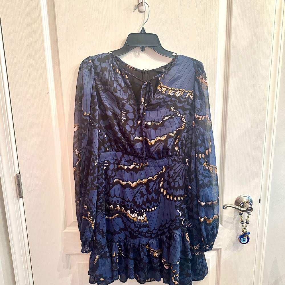 Ted Baker London Blue Patterned Long Sleeve Designer Dress